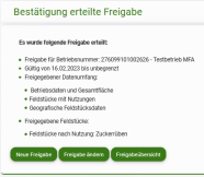 In der Bestätigung der Freigabe sind alle gespeicherten Daten zusammengefasst.