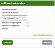 AUM Antragsstellung Einzelflächen Dialogfenster Maßnahme