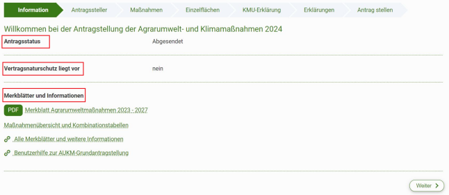 AUM Grundantrag Antragsstatus, Merkblätter, vorhandene VNP-Verpflichtung