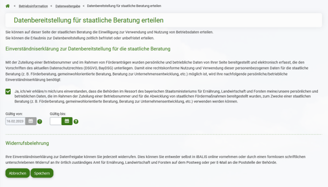 Eingabemaske zur Erteilung der Freigabe für die staatliche Beratung
